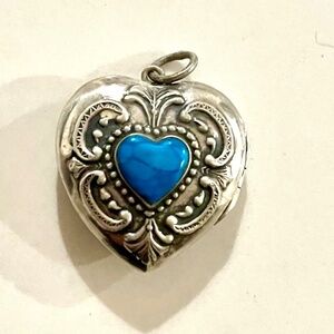Vintage Sterling Silver Heart Locket with Turquoise Stone from Ireland